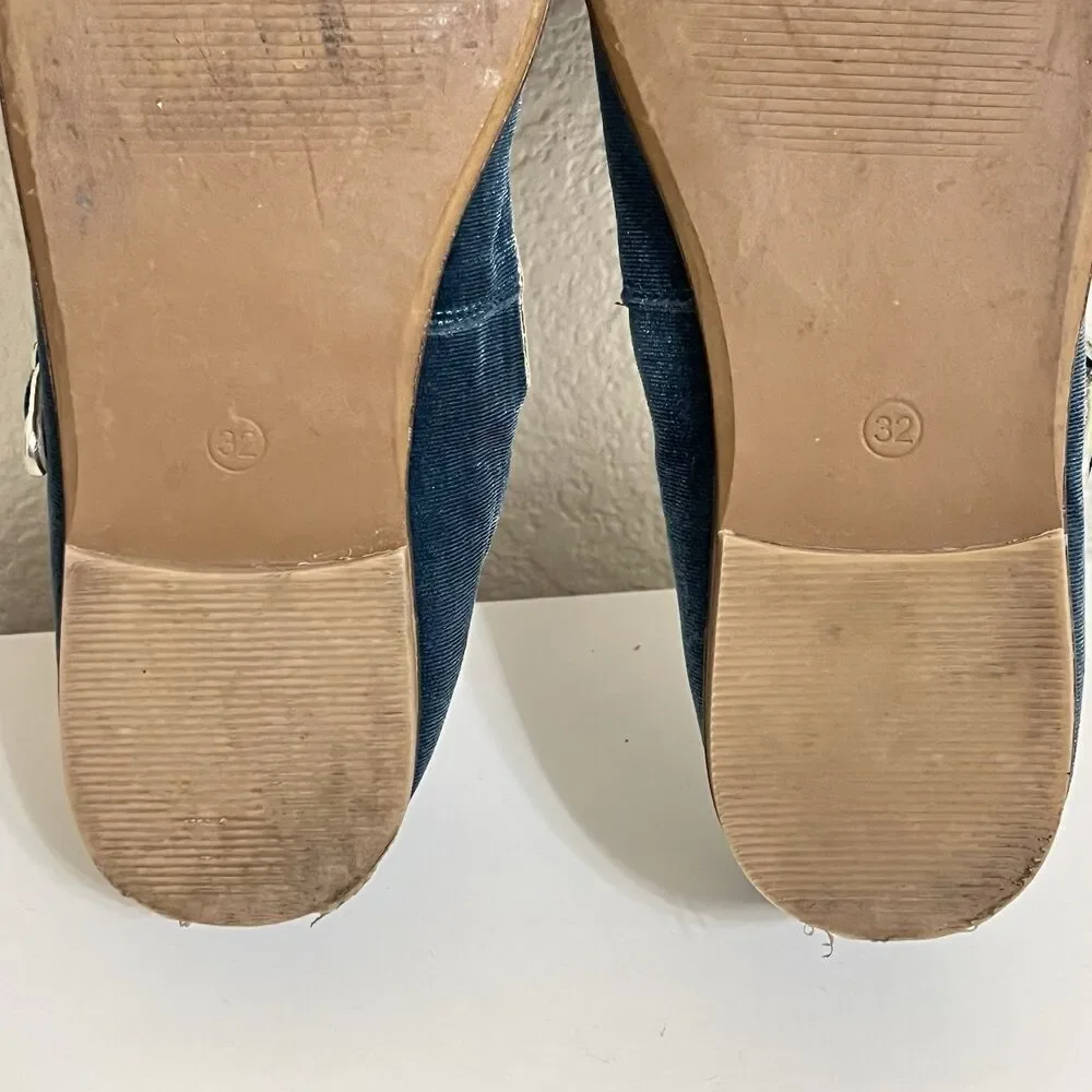 Mini Boden Blue Velvet Mary Jane Shoes Buckle Flats Girls Size 32 US 13.5